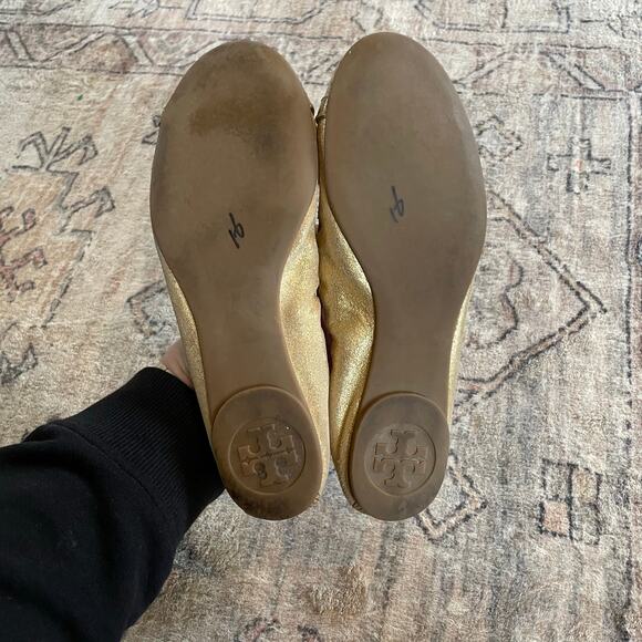 Tory Burch Romy Tan & Gold Cap Toe Leather Ballet Flats Shoes SZ 7.5 Classic EUC - Picture 6 of 11